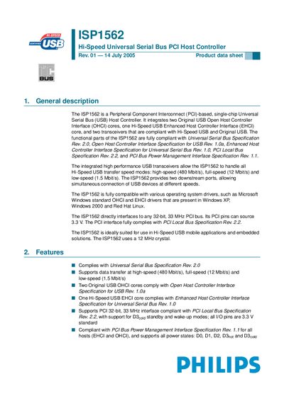 Philips ISP1562 USB PCI Host Controller Datasheet - cover page