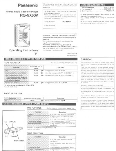 Panasonic RQ-NX60V Stereo Radio Cassette Player Operating Instructions - cover page