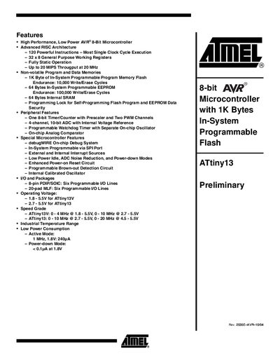 Atmel ATtiny13 Datasheet - cover page