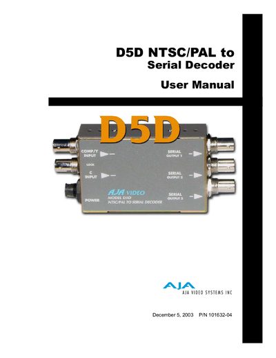 AJA D5D NTSC/PAL to Serial Decoder User Manual - cover page