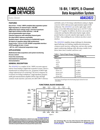 Analog Devices ADAS3022 16-Bit 1 MSPS 8-Channel Data Acquisition System Datasheet