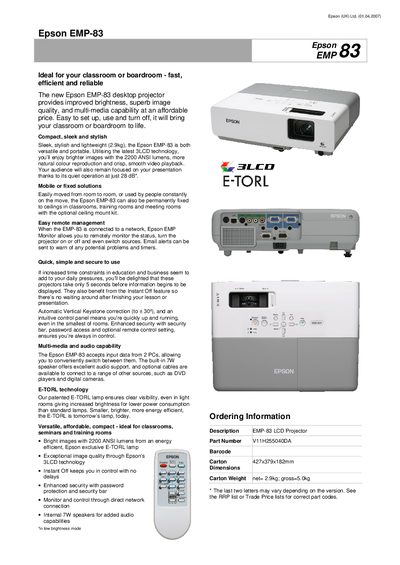 Epson EMP-83 Projector User Manual - cover page