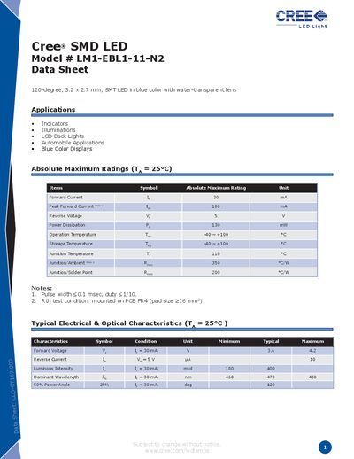 Cree LM1-EBL1-11-N2 LED Datasheet - cover page