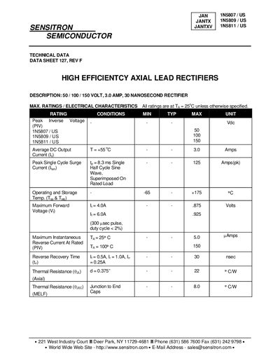 Sensitron 1N5807/1N5809/1N5811 High Efficiency Axial Lead Rectifiers Datasheet - cover page