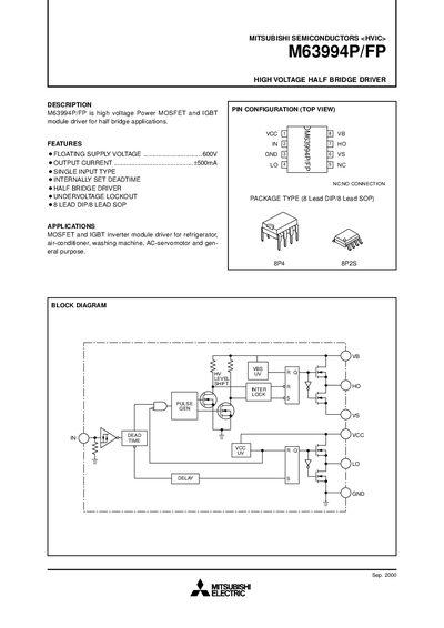 Mitsubishi M63994P/FP High Voltage Half Bridge Driver User Manual - cover page