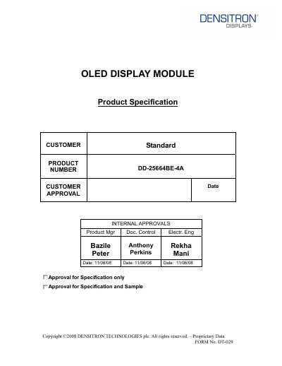 Densitron DD-25664BE-4A OLED Display Module Product Specification - cover page