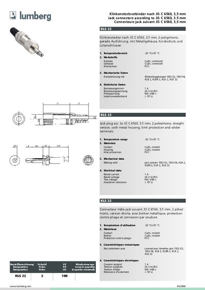 Lumberg KLK 22 Jack Connector Specification Manual - cover page