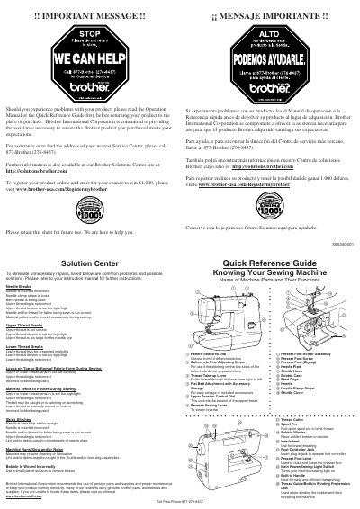 Brother Sewing Machine Quick Reference Guide - cover page