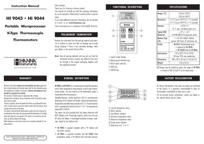 Hanna Instruments HI 9043/9044 Portable Microprocessor K-Type Thermocouple Thermometer Instruction Manual - cover page
