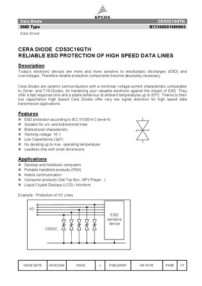 EPCOS - Cera Diode CDS3C16GTH SMD Type B72500D0160H060 Manual - cover page