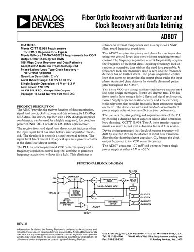 Analog Devices AD807 Fiber Optic Receiver Datasheet - cover page