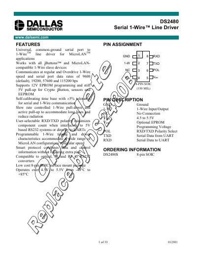 Dalsemi DS2480 Serial 1-Wire Line Driver Datasheet