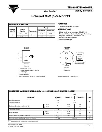 Vishay TN0201K/TN0201KL Datasheet - cover page