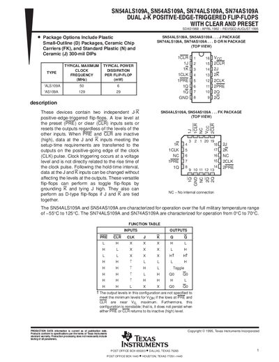 Texas Instruments SN54ALS109A SN74ALS109A SN54AS109A SN74AS109A Datasheet - cover page