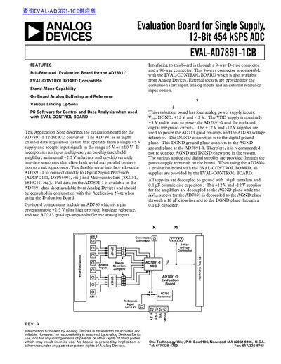 ANALOG DEVICES Evaluation Board for Single Supply 12-Bit 454 kSPS ADC EVAL-AD7891-1CB handbook - cover page