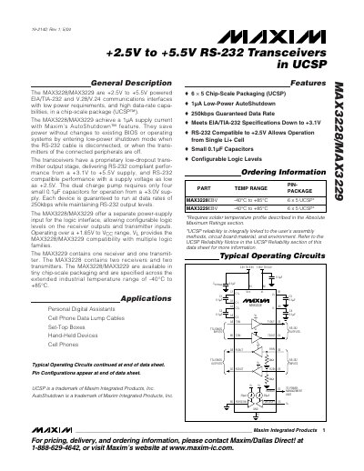 Maxim MAX3228/MAX3229 RS-232 Transceiver Datasheet - cover page