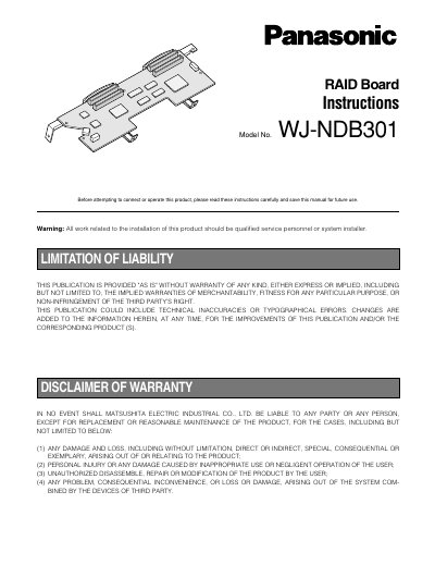 Panasonic WJ-NDB301 RAID Board Installation Instructions - cover page