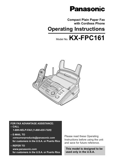 Panasonic KX-FPC161 Compact Plain Paper Fax with Cordless Phone Operating Instructions