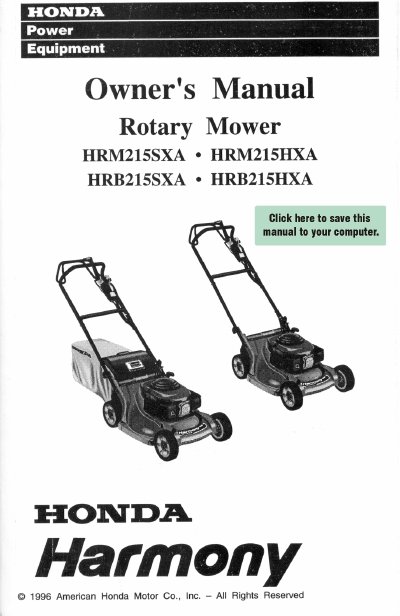 Honda HRM215SXA/HRM215HXA/HRB215SXA/HRB215HXA Rotary Mower Owner's Manual