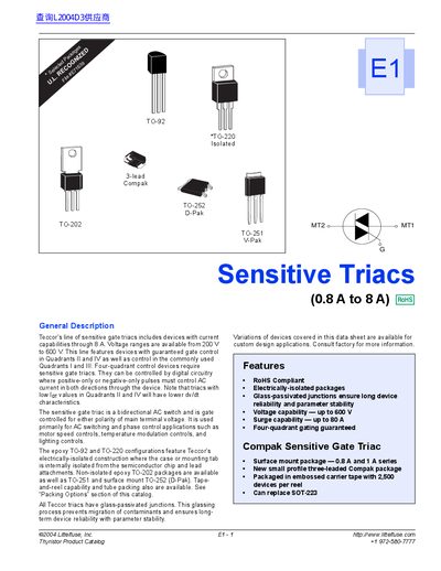 * Selected Packages U.L. RECOGNIZED File #E71639 E1 sensitive triacs (08A TO 8A) - cover page