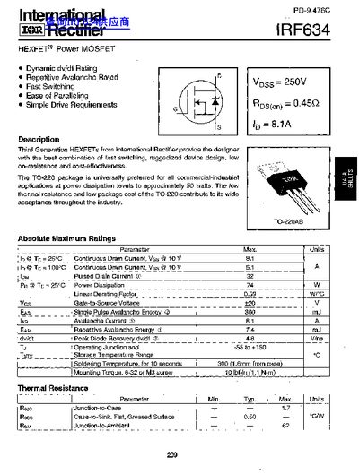 International Rectifier IRF634 HEXFET Power MOSFET Datasheet - cover page
