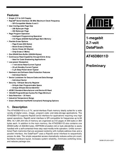 Atmel AT45DB011D Preliminary Manual - cover page