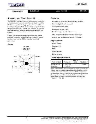 Intersil ISL29000 Ambient Light Photo Detect IC Datasheet