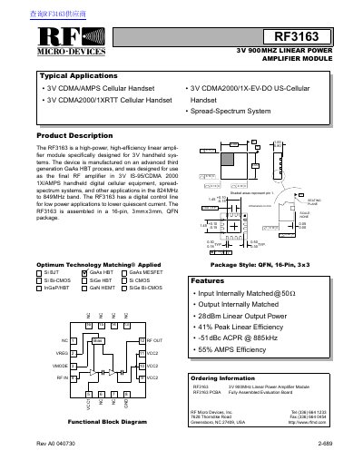 RF Micro Devices RF3163 900MHz Linear Power Amplifier Module Datasheet - cover page