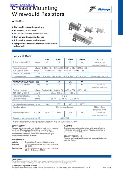 Welwyn WH SERIES Chassis Mounting Wirewound Resistors Datasheet - cover page