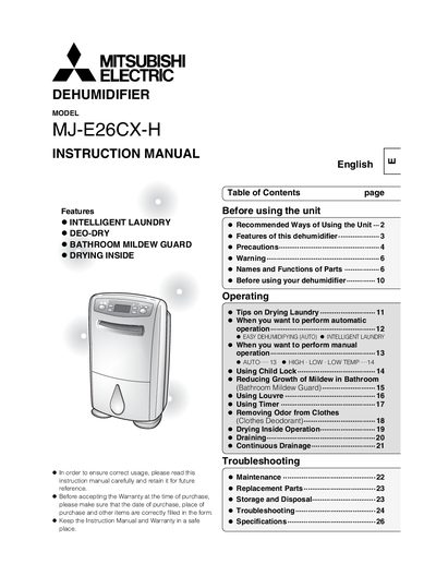 Mitsubishi Electric MJ-E26CX-H Dehumidifier User Manual - cover page