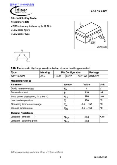 Infineon BAT 15-04W Silicon Schottky Diode Preliminary Data - cover page