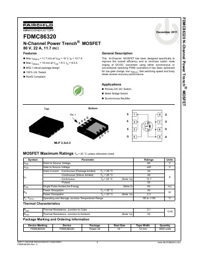 Fairchild Semiconductor FDMC86320 N-Channel MOSFET Datasheet - cover page