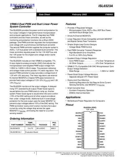 Intersil ISL6523A Dual PWM and Linear Power System Controller Datasheet - cover page