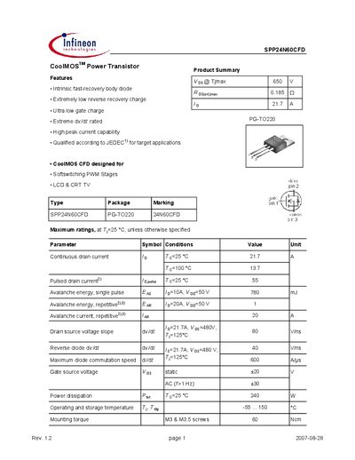 Infineon SPP24N60CFD CoolMOS Power Transistor Datasheet - cover page