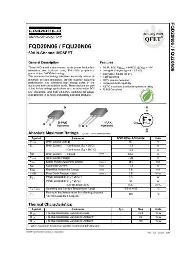 Fairchild Semiconductor FQD20N06/FQU20N06 Datasheet - cover page