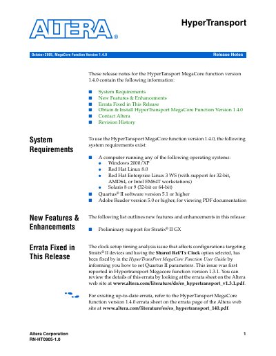 Altera HyperTransport MegaCore Function v1.4.0 Release Notes - cover page