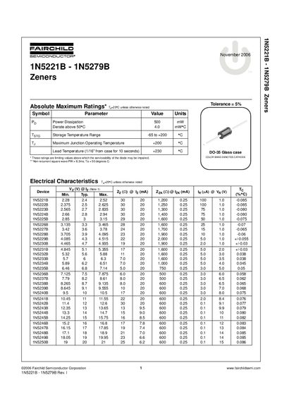 Fairchild 1N5221B-1N5279B Zener Diode Datasheet - cover page