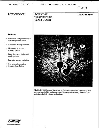 Foxboro 1840 TO-8 Pressure Transducer Datasheet - cover page
