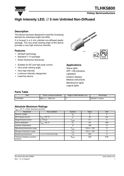 Vishay YTLHK5800 High Intensity LED Datasheet - cover page