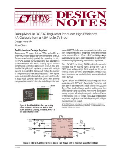 LINEAR Dual Module DC/DC Regulator Produces High Ef ciency 4A Outputs from a 4.5V to 26.5V Input Design Note 474 Alan Chern - cover page