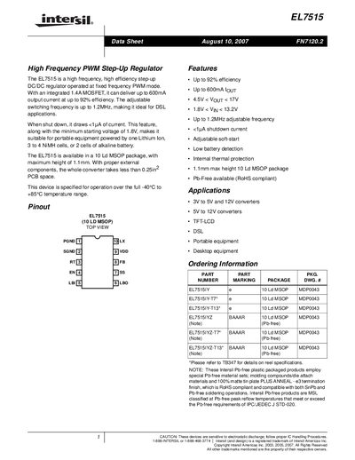 Intersil EL7515 High Frequency PWM Step‑Up Regulator Datasheet - cover page