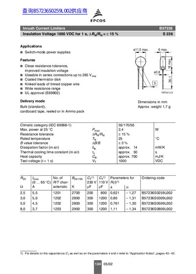 EPCOS B57236 Inrush Current Limiters Datasheet - cover page