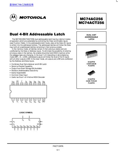 Motorola MC74AC256/MC74ACT256 Dual 4-Bit Addressable Latch Datasheet - cover page