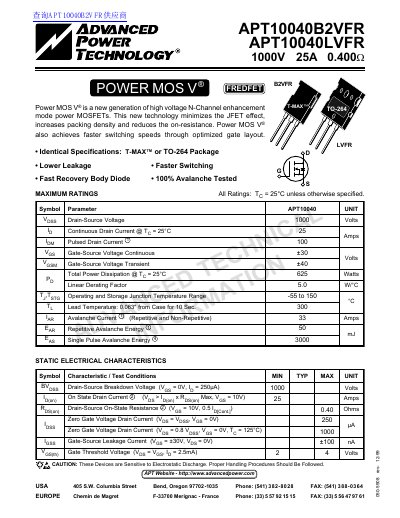 ADVANCED POWER TECHNOLOGY APT10040B2VFR APT10040LVFR 1000V 25A 0.400 handbook - cover page