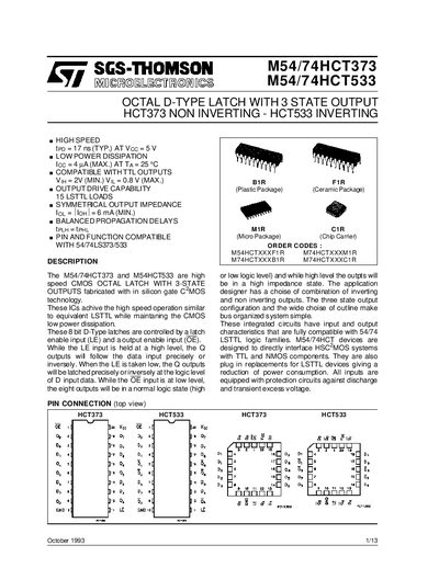 ST M5 4/7 4HCT 3 7 3 M5 4/7 4HC T5 33 October 1993 HCT373 NON INVERTING - HCT533 INVERTING OCTAL D-TYPE LATCH WITH 3 STATE OUTPUT handbook - cover page