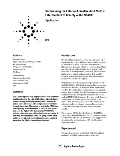 Agilent 6850 System Application Note: Determining Ester and Linoleic Acid Methyl Ester Content to Comply with EN14103 - cover page