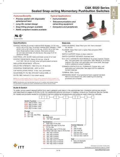 C&K E020 Series Sealed Snap-acting Momentary Pushbutton Switches Product Leaflet - cover page