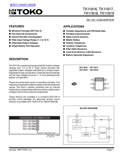 TOKO TK11816 TK11817 TK11818 TK11819 Data Sheet - cover page