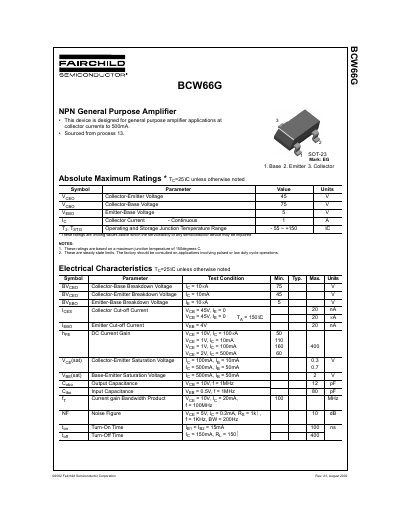 Fairchild Semiconductor BCW66G NPN General Purpose Amplifier Datasheet - cover page