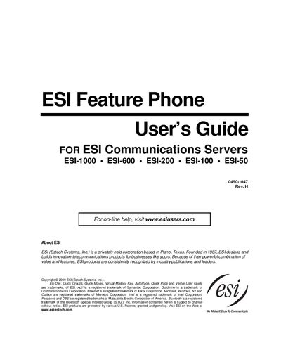 ESI Feature Phone ESI-1000, ESI-600, ESI-200, ESI-100, ESI-50 User Guide - cover page